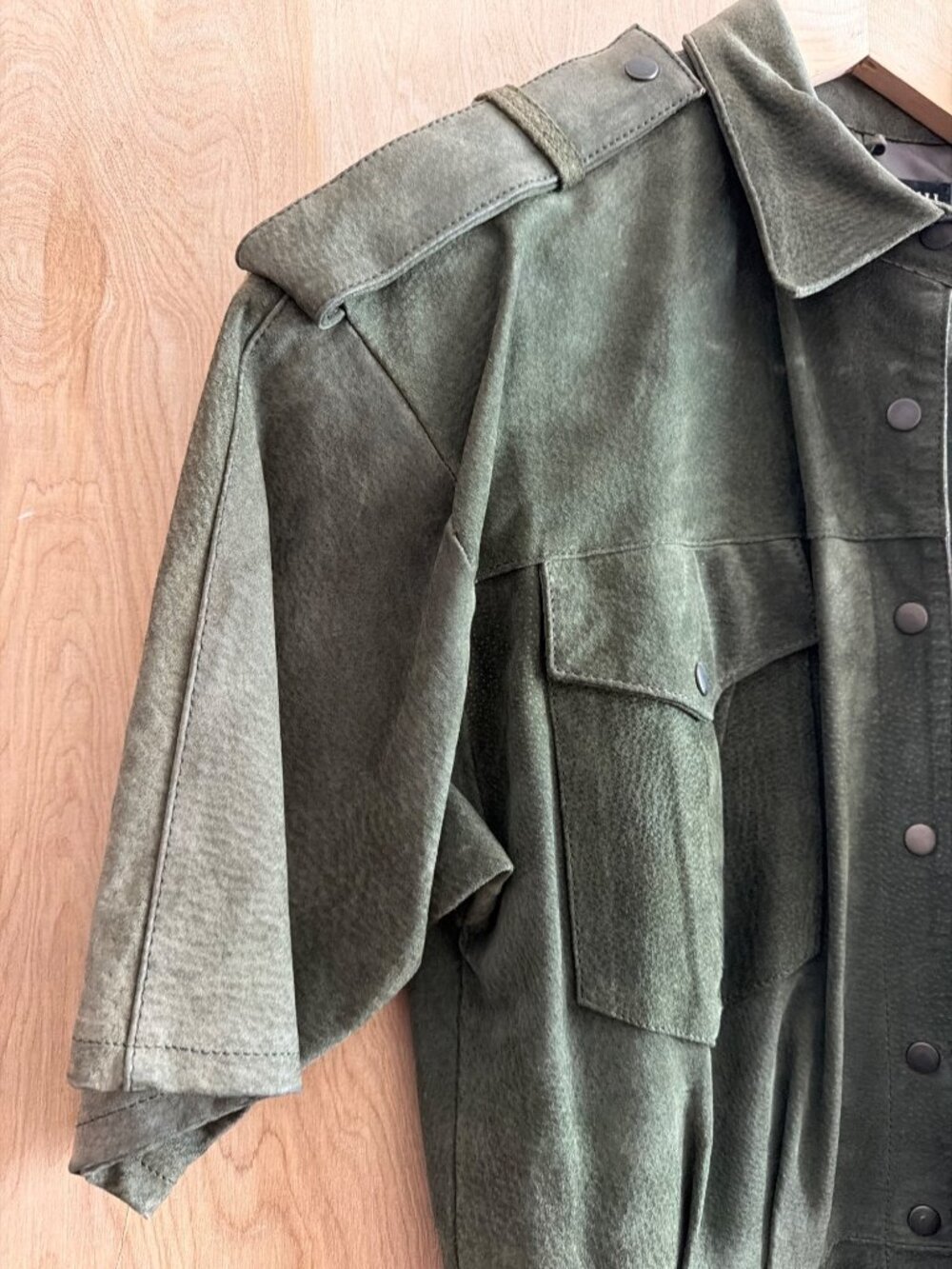 Vintage Della Roufogali Olive Green Suede Leather Safari Shirt Dress Size 10 - Picture 10 of 14